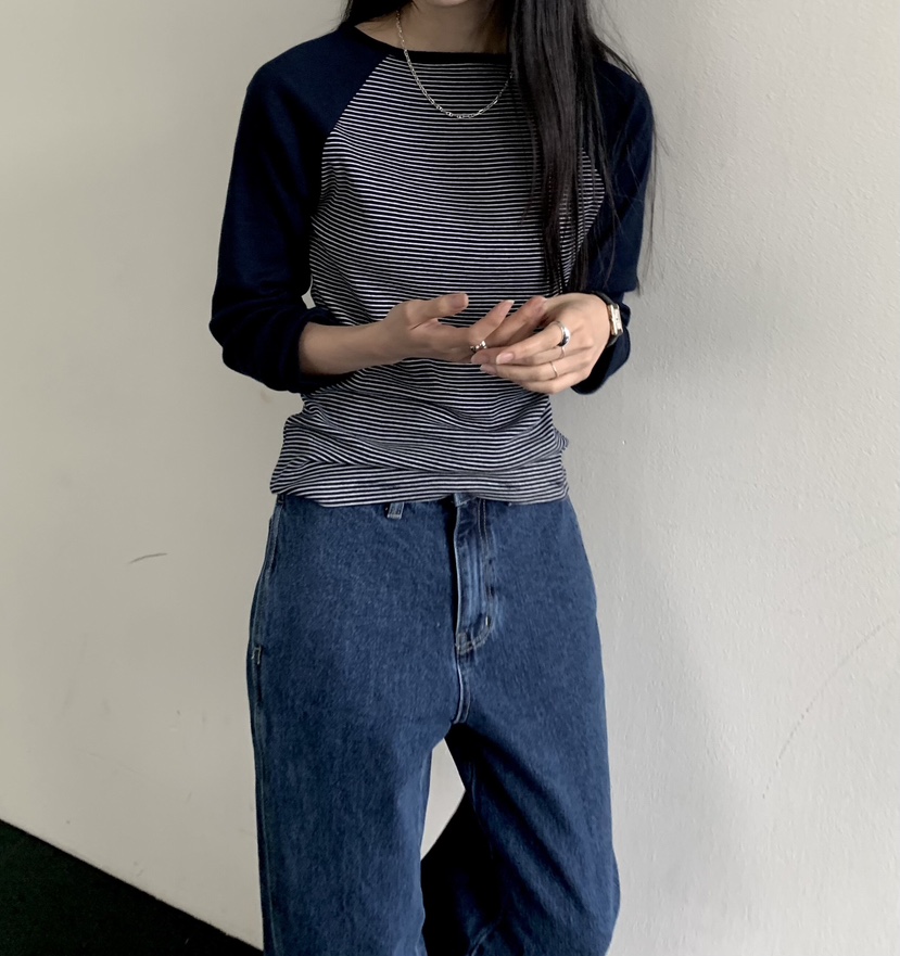 MUYBIEN東大門實拍女士新品真品推薦熱賣長袖T恤插肩條紋MUYBIEN長袖T恤
