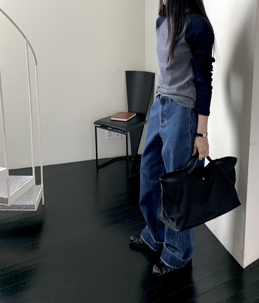 MUYBIEN東大門實拍女士新品真品推薦熱賣長袖T恤插肩條紋MUYBIEN長袖T恤