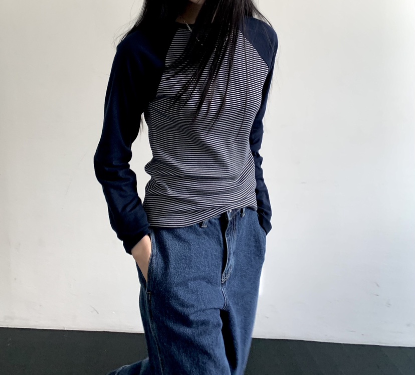 MUYBIEN東大門實拍女士新品真品推薦熱賣長袖T恤插肩條紋MUYBIEN長袖T恤