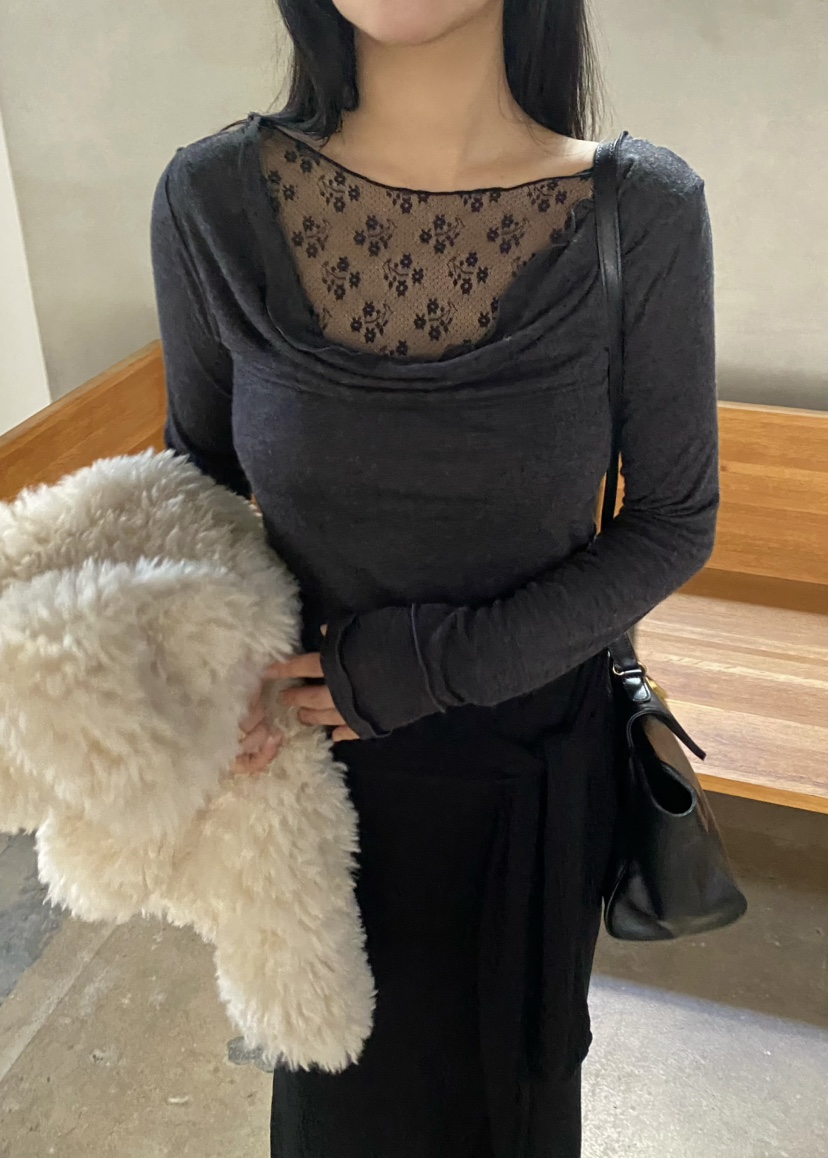 OUPPT東大門實拍女裝新款休閑時尚推薦熱賣真品長袖T恤蕾絲OUPPT長袖T恤