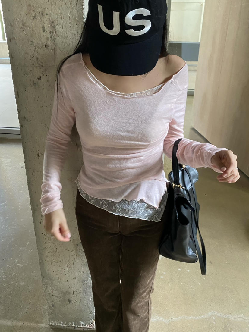 OUPPT東大門實拍女裝新款休閑時尚推薦熱賣真品長袖T恤蕾絲OUPPT長袖T恤圖色1