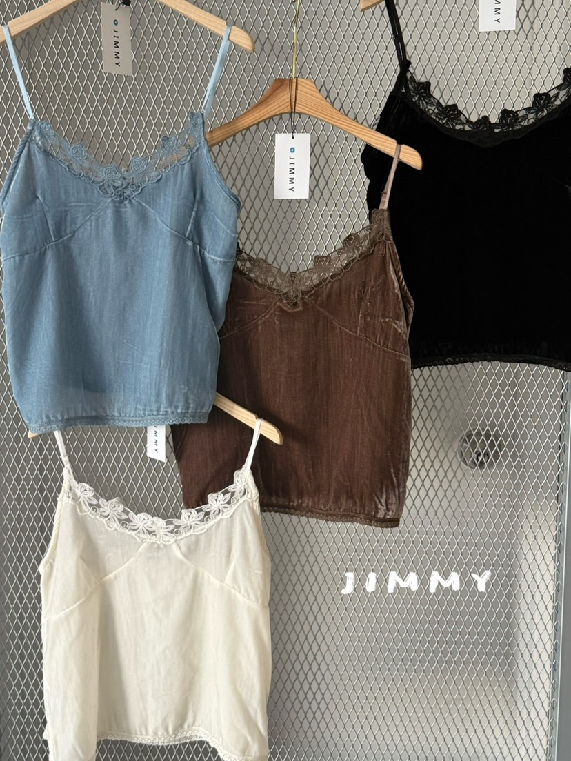 JIMMY韓國代購女裝新品人氣真品熱賣吊帶背心天鵝絨蕾絲無袖JIMMY/REMAKE吊帶/背心