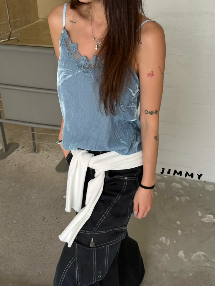 JIMMY韓國代購女裝新品人氣真品熱賣吊帶背心天鵝絨蕾絲無袖JIMMY/REMAKE吊帶/背心