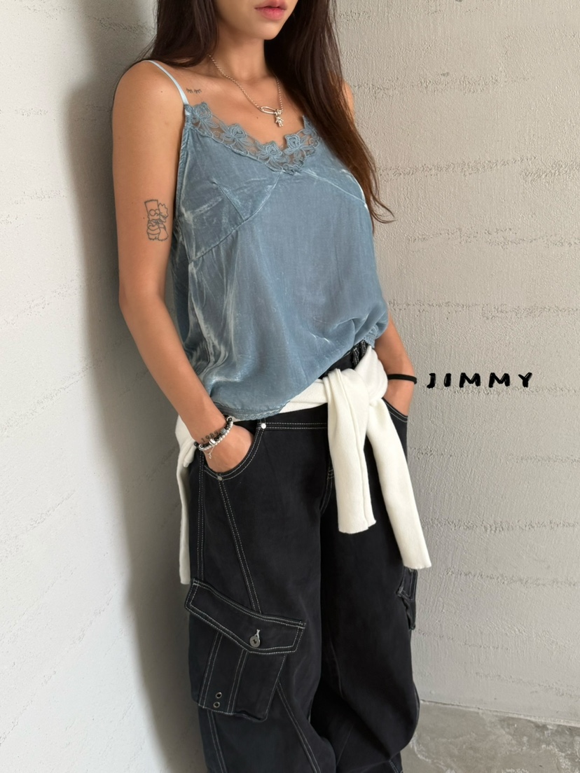 JIMMY韓國代購女裝新品人氣真品熱賣吊帶背心天鵝絨蕾絲無袖JIMMY/REMAKE吊帶/背心