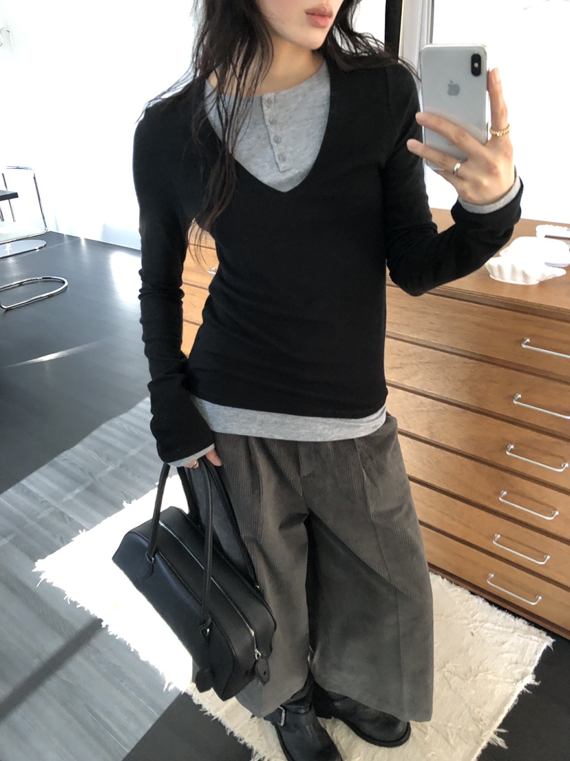 LE VASE東大門實拍女士新款推薦時尚人氣真品長袖T恤撞色LE VASE長袖T恤