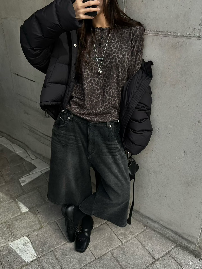 SPECIAL韓國代購女裝新款人氣休閑時尚推薦長袖T恤豹紋紐扣SPECIAL長袖T恤