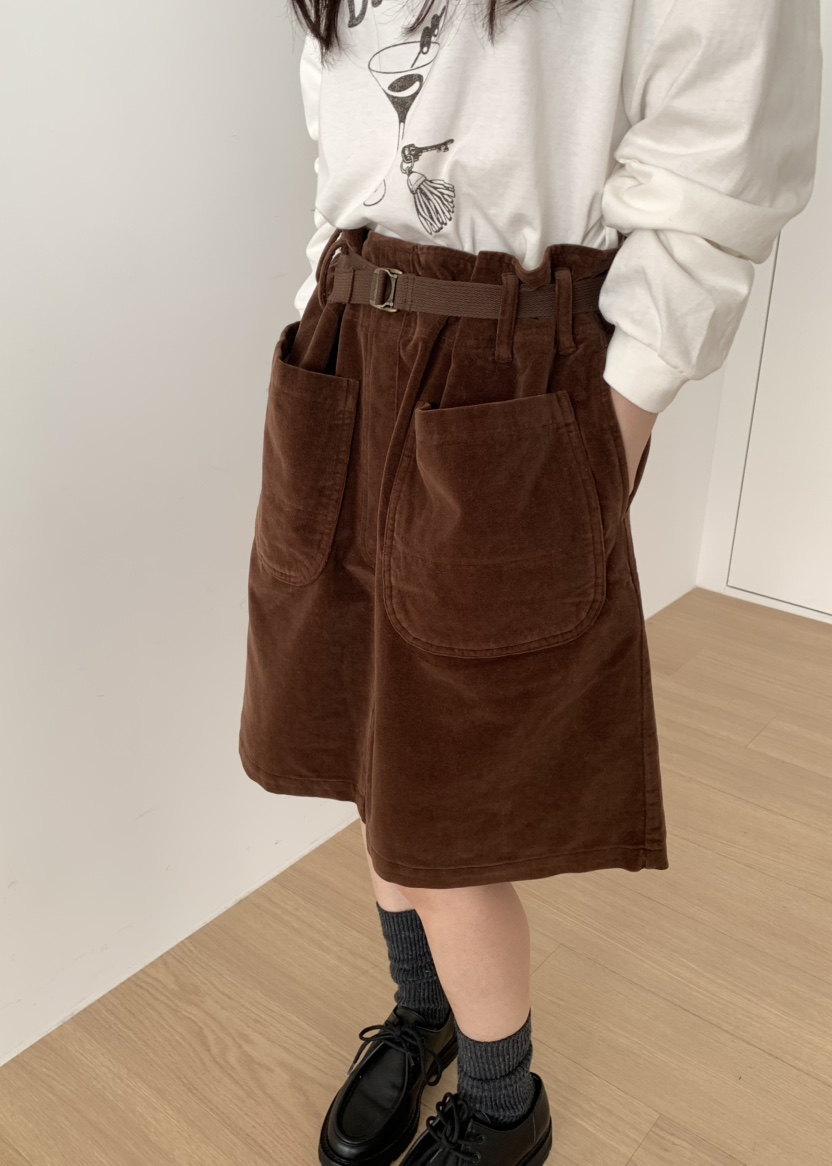 PEBBLE韓國代購女裝新品人氣半身裙中短裙天鵝絨含腰帶水洗PEBBLE半身裙/中短裙