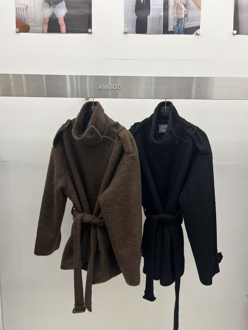 AMOOD東大門代購女裝新品熱賣休閑推薦真品中長款大衣含腰帶AMOOD中長款大衣