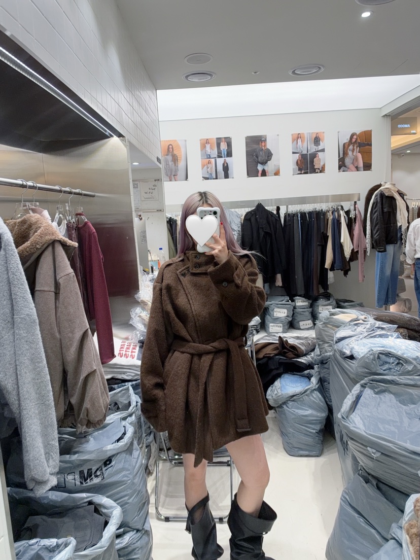 AMOOD東大門代購女裝新品熱賣休閑推薦真品中長款大衣含腰帶AMOOD中長款大衣