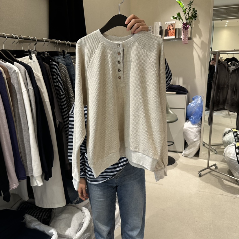 LIVU/MEMO CLASSIC韓國代購女士新品熱賣長袖T恤華夫格紐扣LIVU/MEMO CLASSIC長袖T恤圖色1