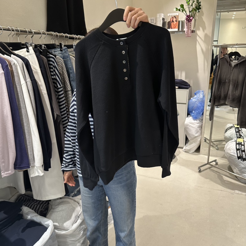 LIVU/MEMO CLASSIC韓國代購女士新品熱賣長袖T恤華夫格紐扣LIVU/MEMO CLASSIC長袖T恤圖色2