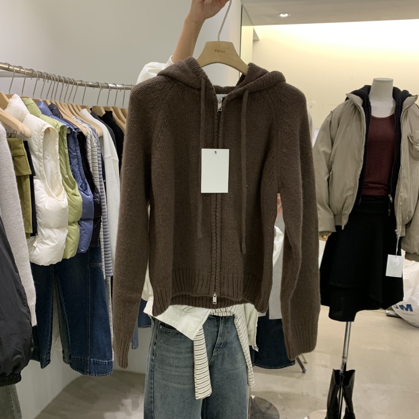 PHILO東大門實拍女士新品真品推薦人氣開衫連帽針織衫羊駝毛PHILO開衫圖色3棕色
