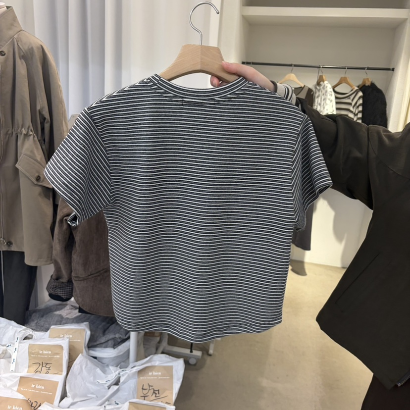 IR BIEN/BIENBIEN韓國直郵女士新品推薦熱賣T恤刺繡條紋ir bien/bienbienT恤