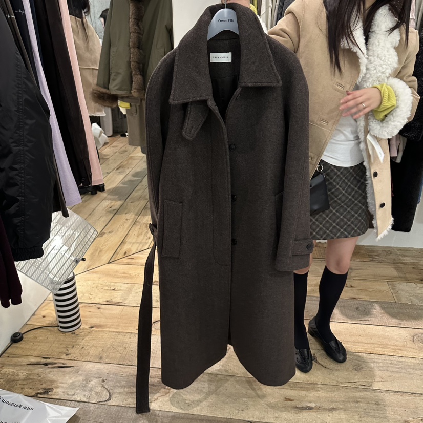 CREAM VILLA東大門實拍女士新品真品中長款大衣人字紋含腰帶CREAM VILLA中長款大衣圖色2