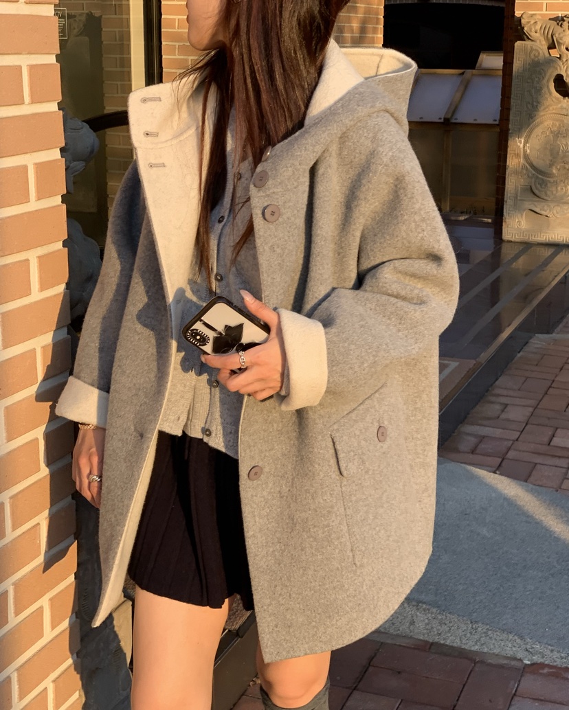 LA CREME韓國代購女裝新款熱賣時尚休閑推薦中長款大衣連帽LA CREME中長款大衣