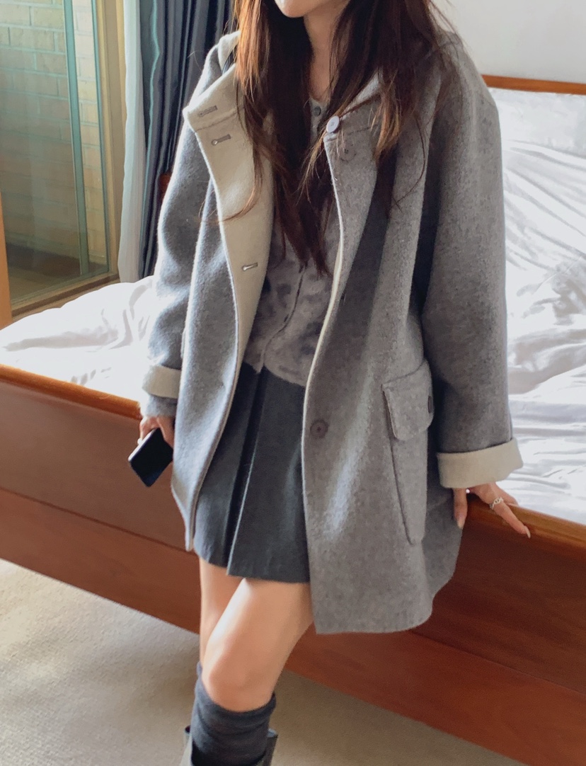 LA CREME韓國代購女裝新款熱賣時尚休閑推薦中長款大衣連帽LA CREME中長款大衣