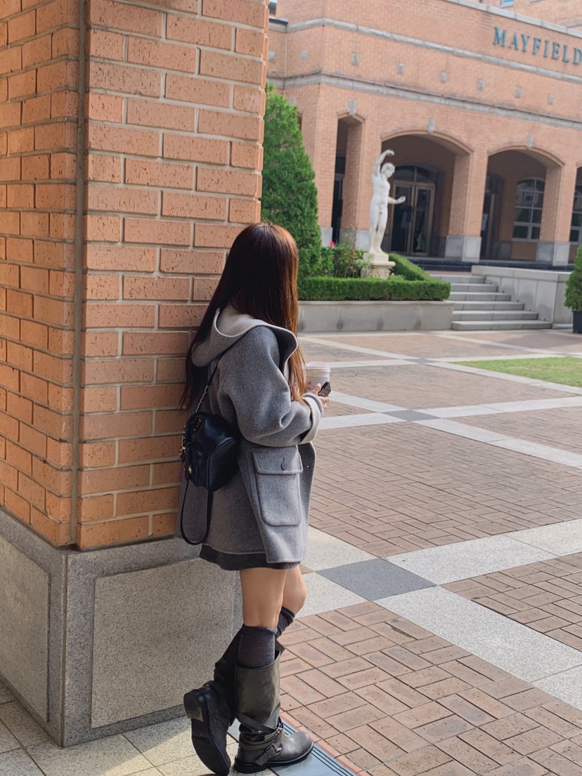 LA CREME韓國代購女裝新款熱賣時尚休閑推薦中長款大衣連帽LA CREME中長款大衣