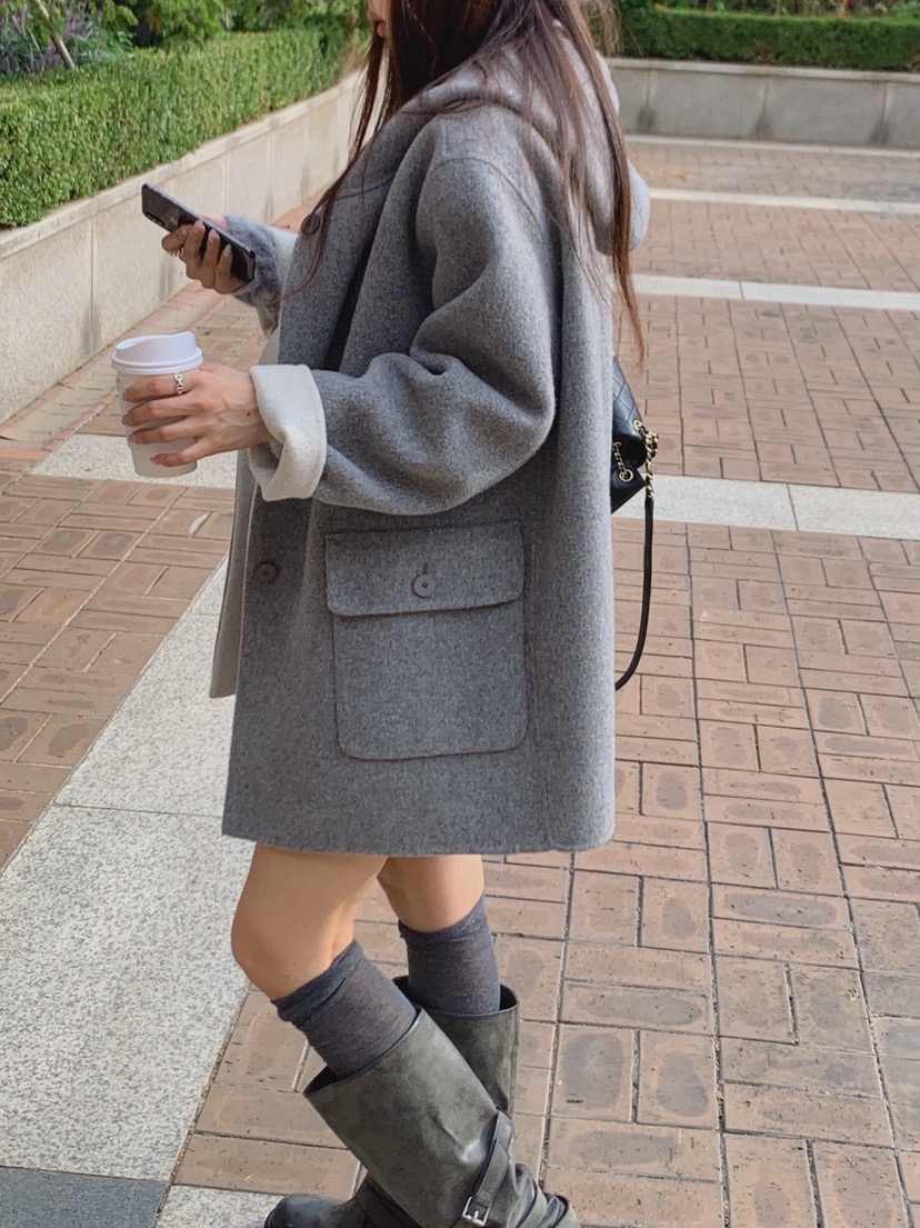 LA CREME韓國代購女裝新款熱賣時尚休閑推薦中長款大衣連帽LA CREME中長款大衣