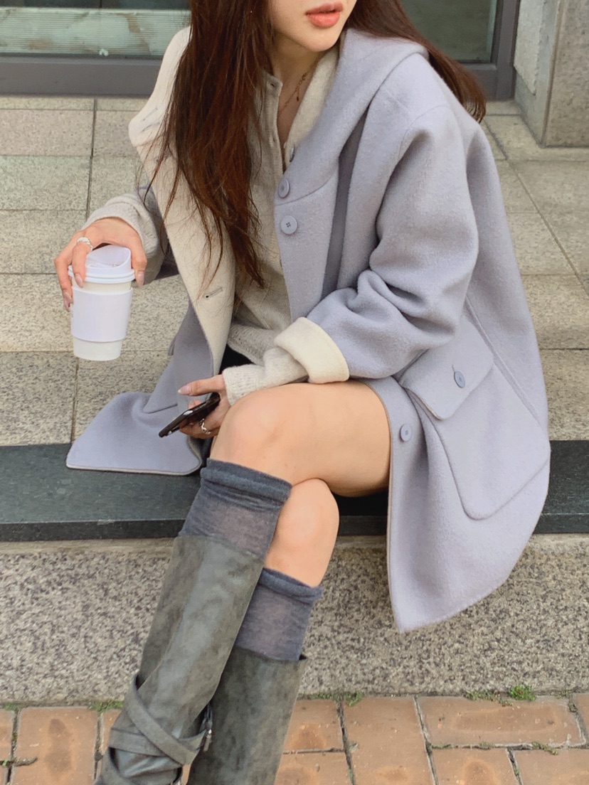 LA CREME韓國代購女裝新款熱賣時尚休閑推薦中長款大衣連帽LA CREME中長款大衣