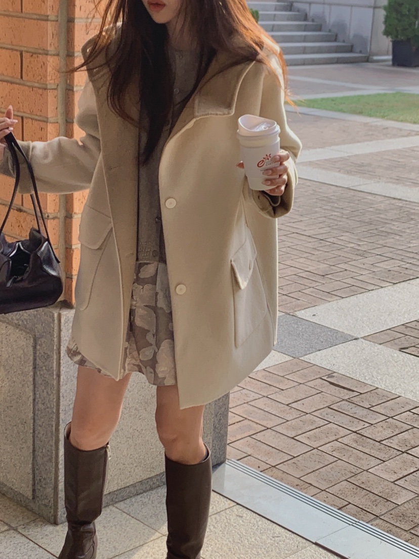 LA CREME韓國代購女裝新款熱賣時尚休閑推薦中長款大衣連帽LA CREME中長款大衣