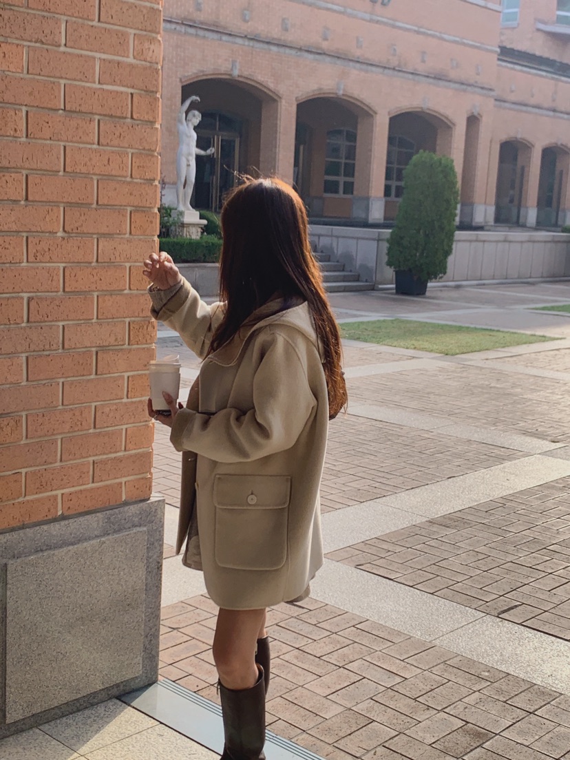 LA CREME韓國代購女裝新款熱賣時尚休閑推薦中長款大衣連帽LA CREME中長款大衣