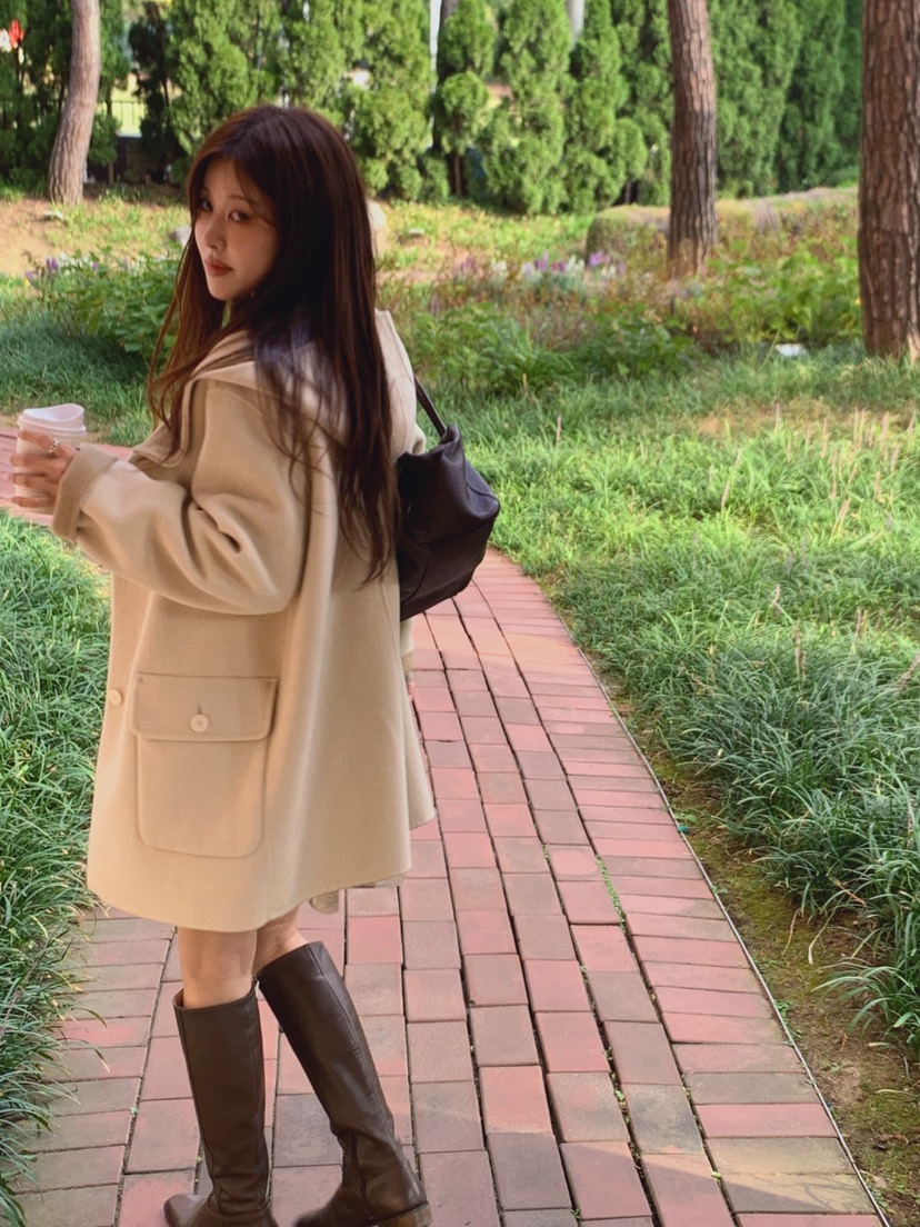 LA CREME韓國代購女裝新款熱賣時尚休閑推薦中長款大衣連帽LA CREME中長款大衣
