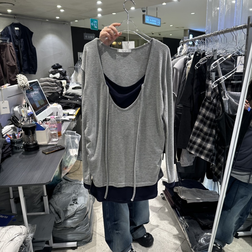 HERTZ-P韓國直郵女士新品時尚休閑推薦職業人氣長袖T恤褶皺HERTZ-P長袖T恤圖色2灰色