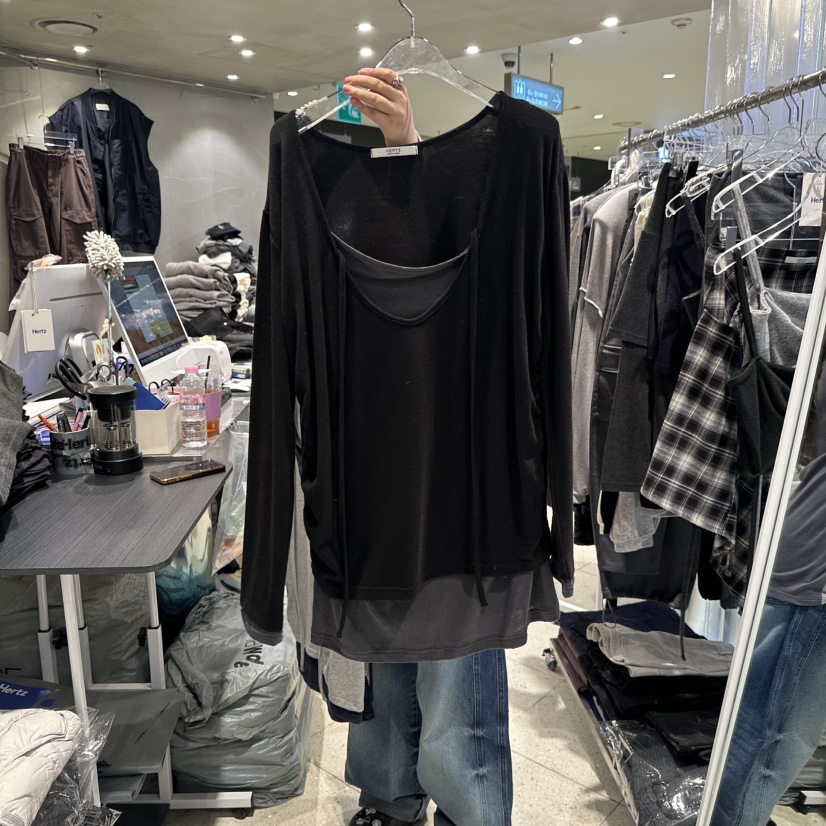 HERTZ-P韓國直郵女士新品時尚休閑推薦職業人氣長袖T恤褶皺HERTZ-P長袖T恤圖色3黑色