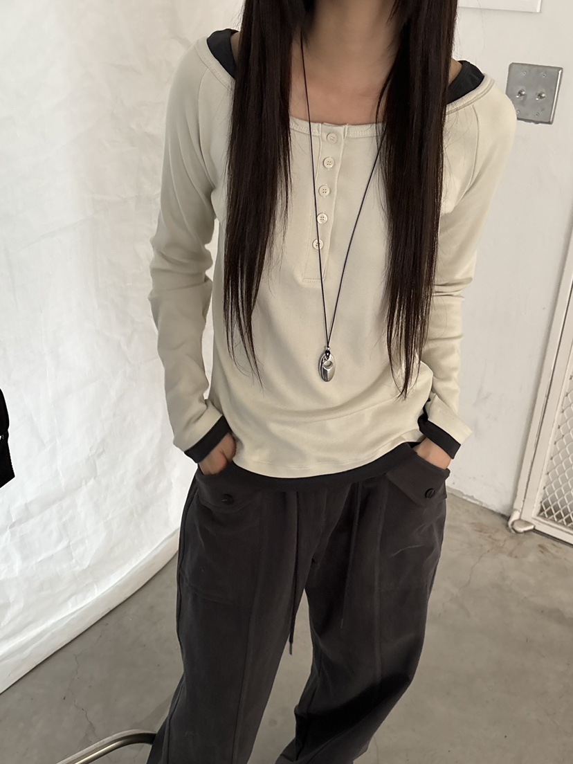 Verbena東大門代購女士新品推薦休閑真品時尚長袖T恤紐扣Verbena長袖T恤圖色1
