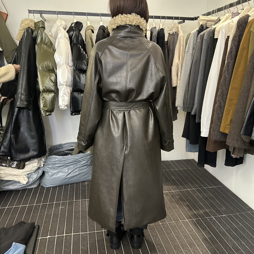 FIND-P東大門實拍女裝新品熱賣推薦中長款大衣含腰帶皮革FIND-P中長款大衣