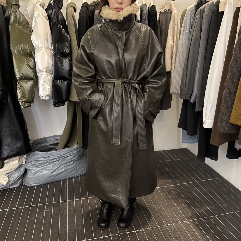 FIND-P東大門實拍女裝新品熱賣推薦中長款大衣含腰帶皮革FIND-P中長款大衣圖色1