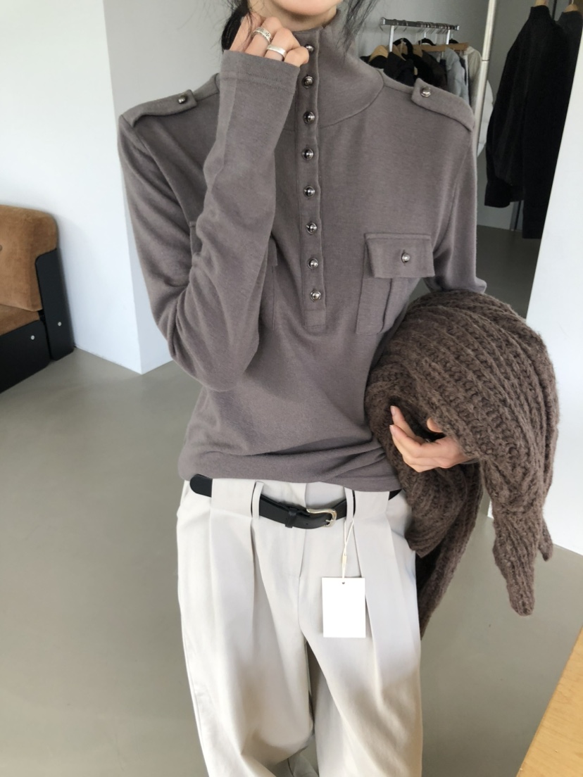 MOVENNE東大門直郵女士新款熱賣時尚推薦長袖T恤高領紐扣MOVENNE長袖T恤