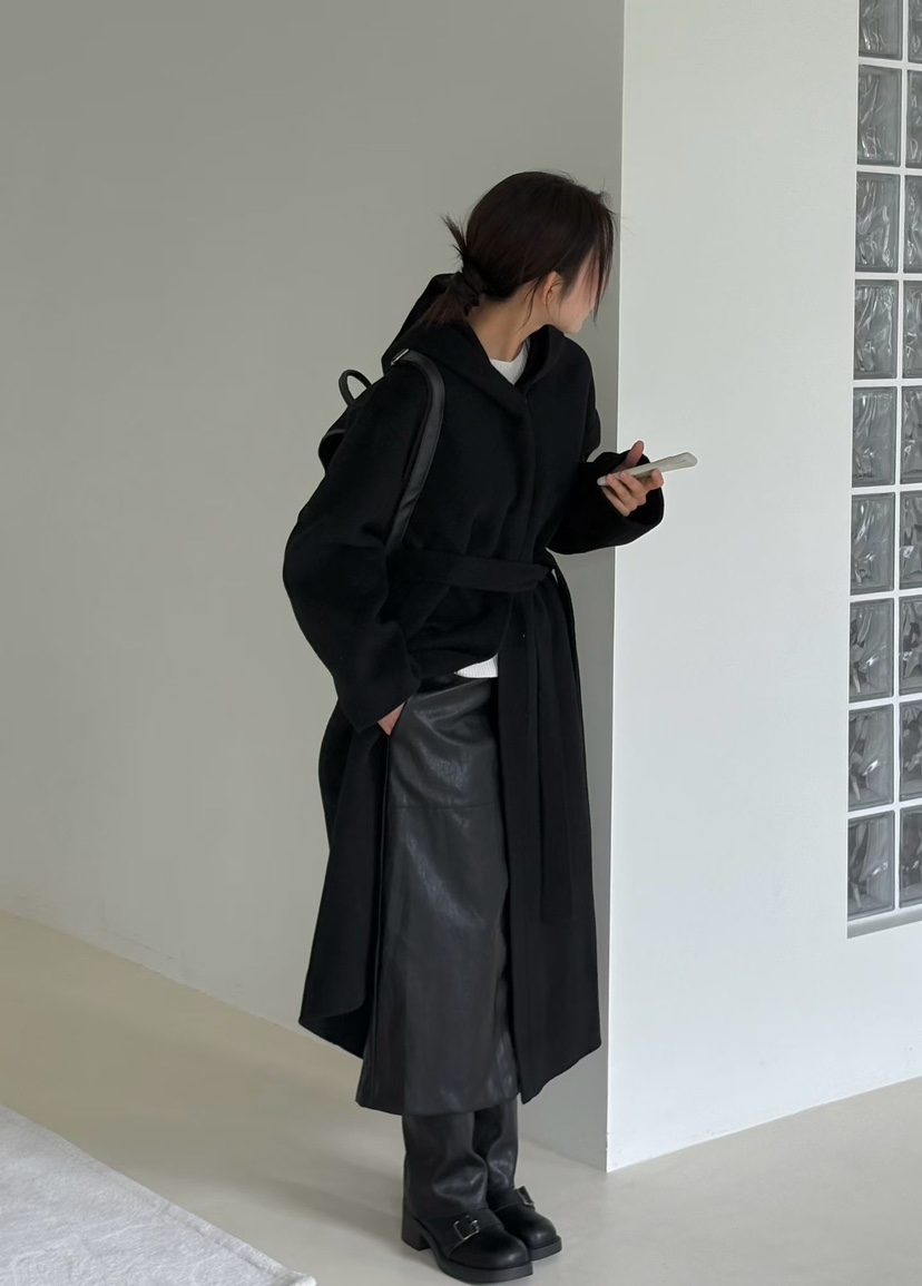 BINUS東大門代購女士新款推薦人氣真品中長款大衣含腰繩羊絨BINUS中長款大衣
