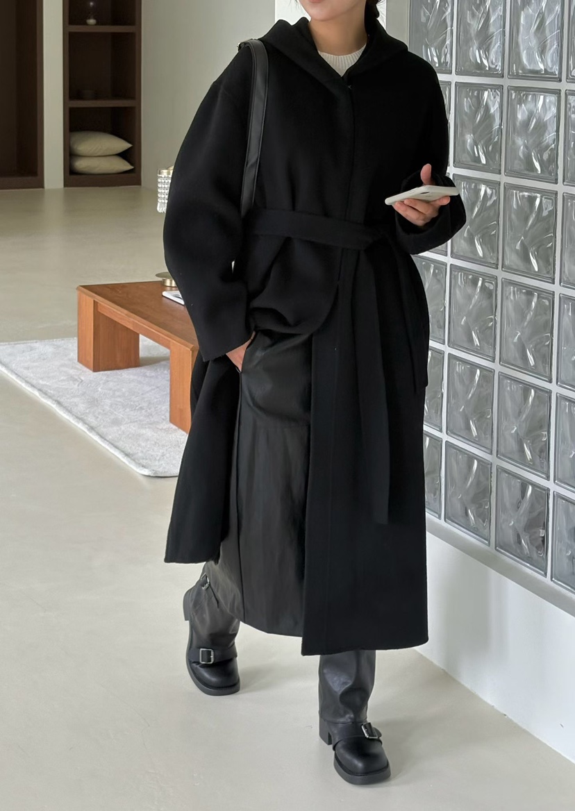 BINUS東大門代購女士新款推薦人氣真品中長款大衣含腰繩羊絨BINUS中長款大衣