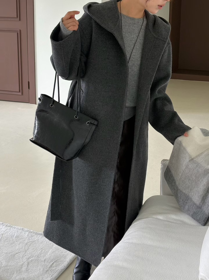 BINUS東大門代購女士新款推薦人氣真品中長款大衣含腰繩羊絨BINUS中長款大衣