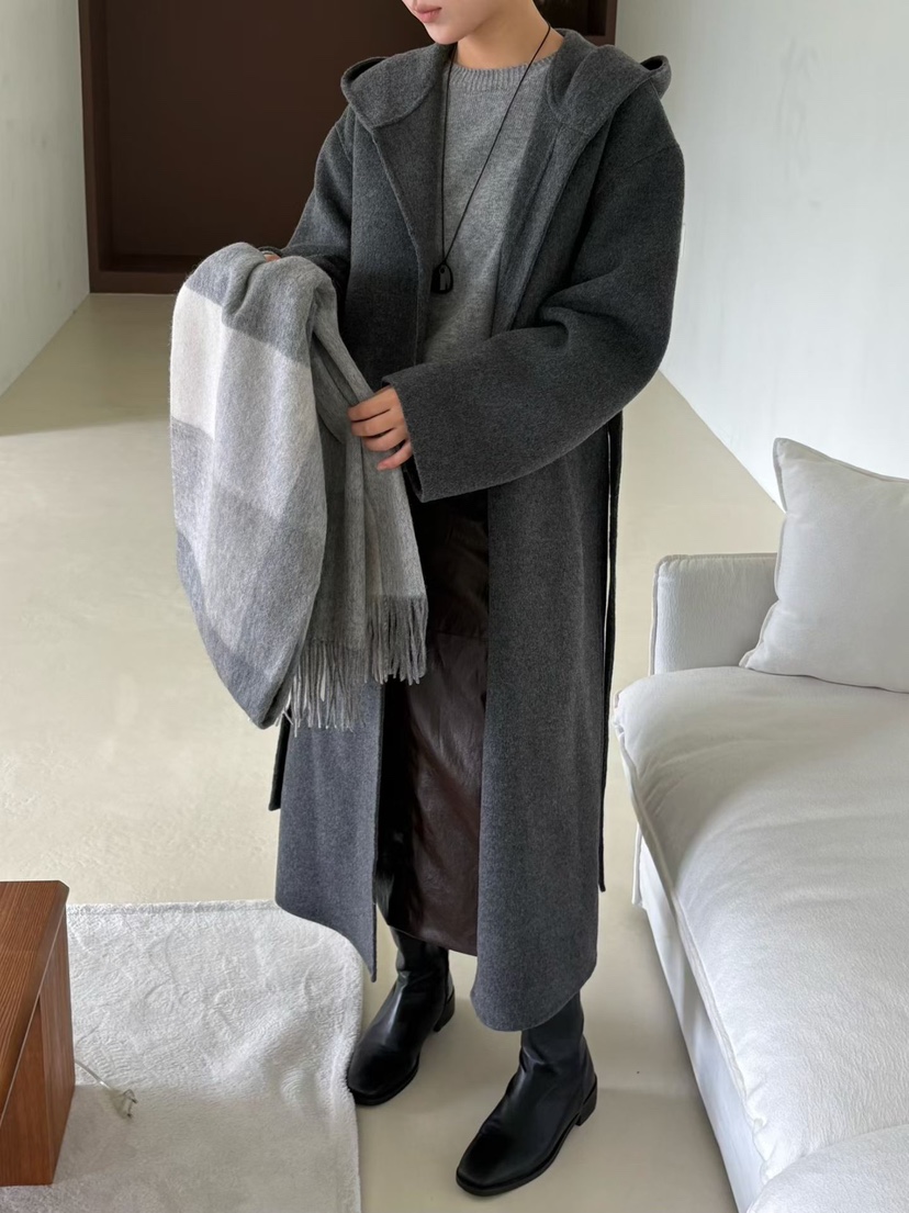 BINUS東大門代購女士新款推薦人氣真品中長款大衣含腰繩羊絨BINUS中長款大衣