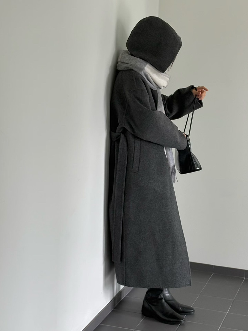 BINUS東大門代購女士新款推薦人氣真品中長款大衣含腰繩羊絨BINUS中長款大衣