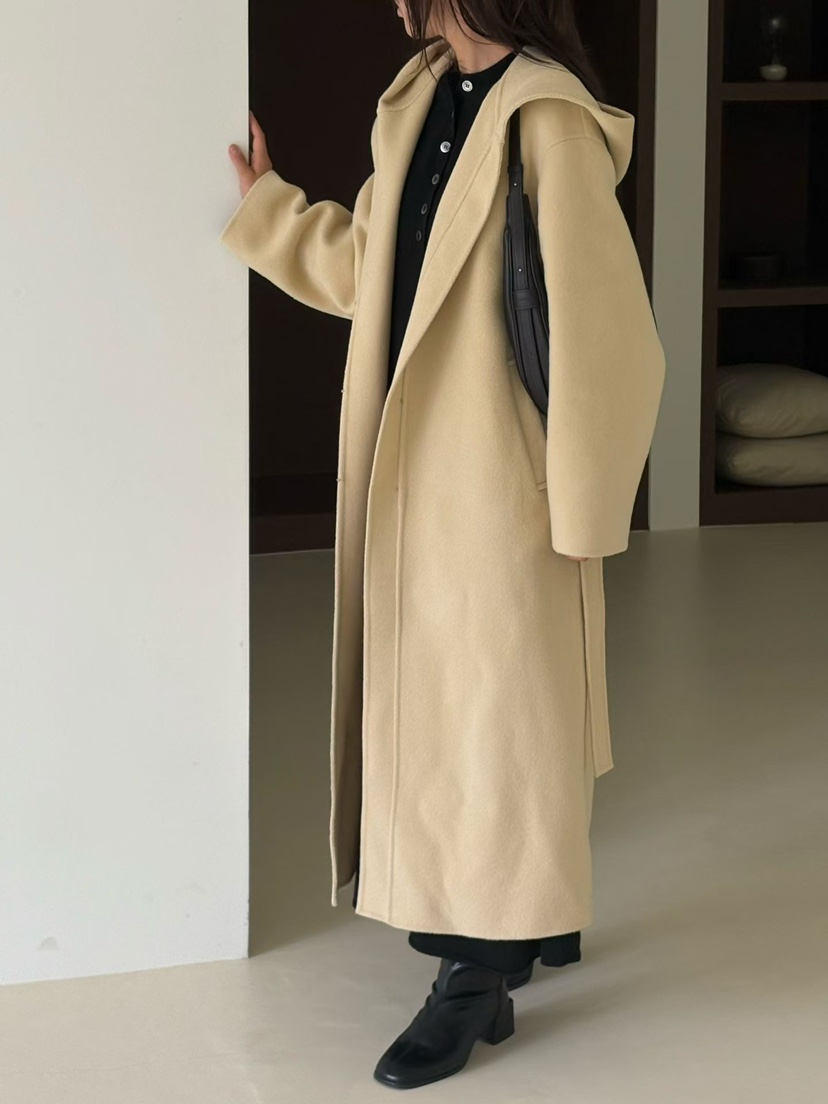BINUS東大門代購女士新款推薦人氣真品中長款大衣含腰繩羊絨BINUS中長款大衣
