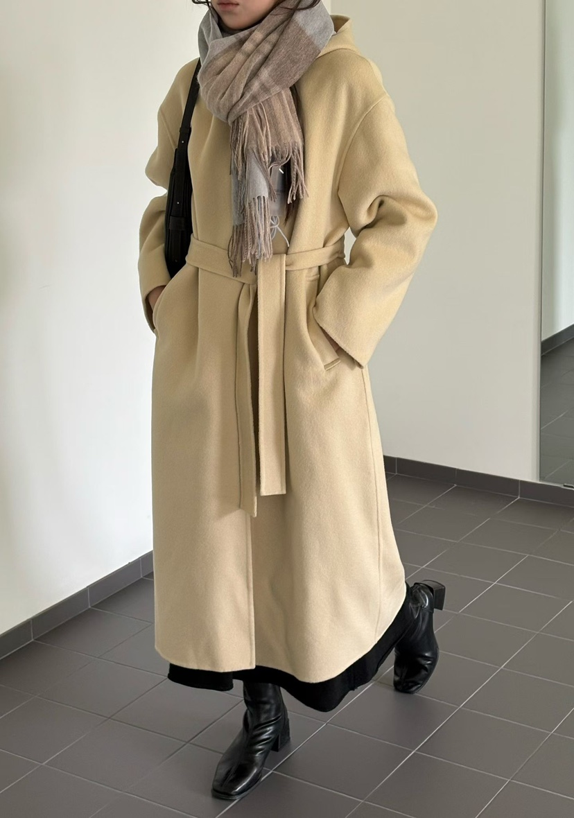 BINUS東大門代購女士新款推薦人氣真品中長款大衣含腰繩羊絨BINUS中長款大衣