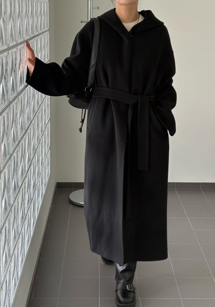 BINUS東大門代購女士新款推薦人氣真品中長款大衣含腰繩羊絨BINUS中長款大衣圖色2
