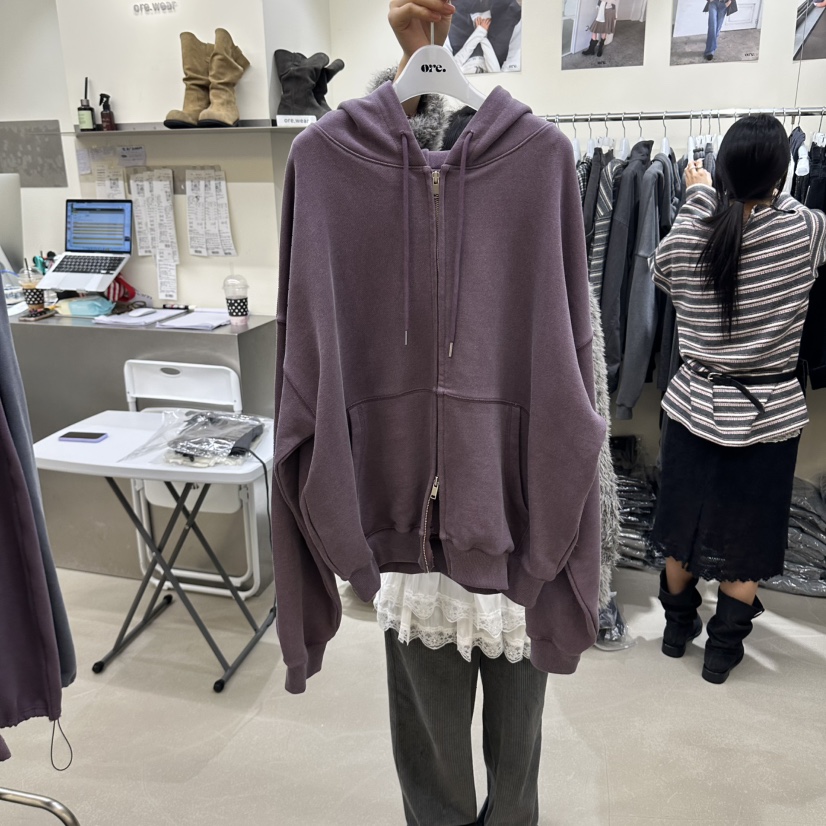 ORE-P東大門實拍女士新款時尚衛衣拉鏈連帽衫連帽衫加絨抓絨ORE衛衣圖色1