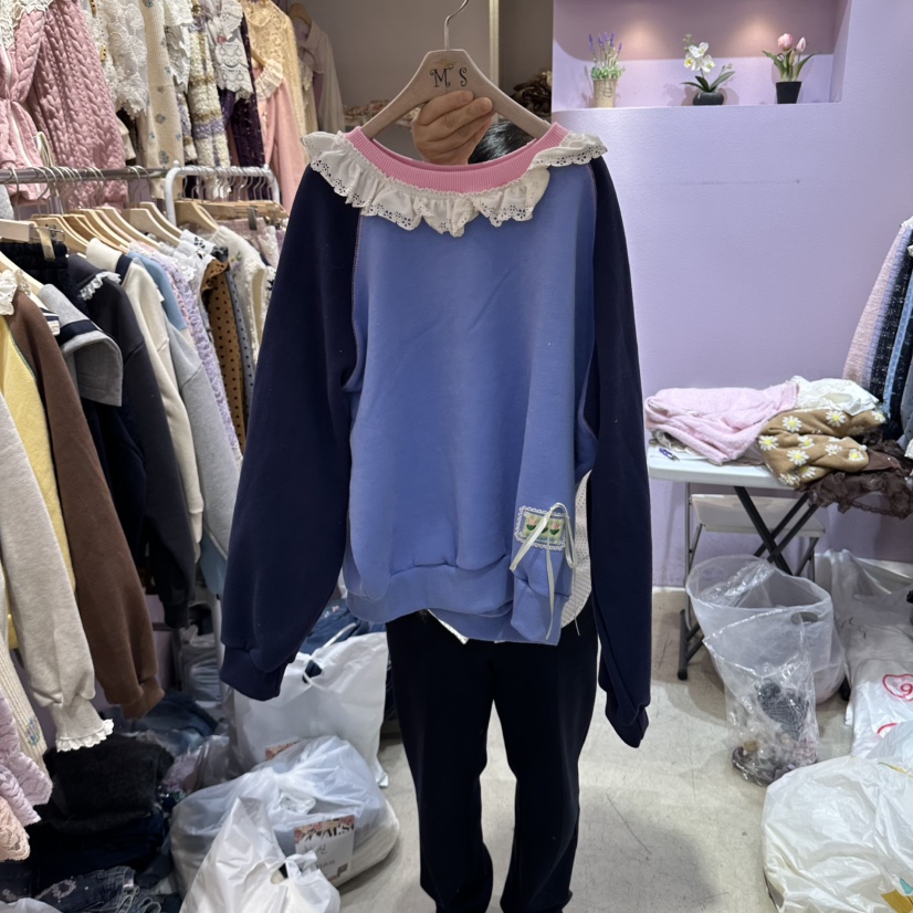 MS韓國直郵女士新款推薦真品人氣職業衛衣插肩袖加絨撞色MS衛衣圖色2