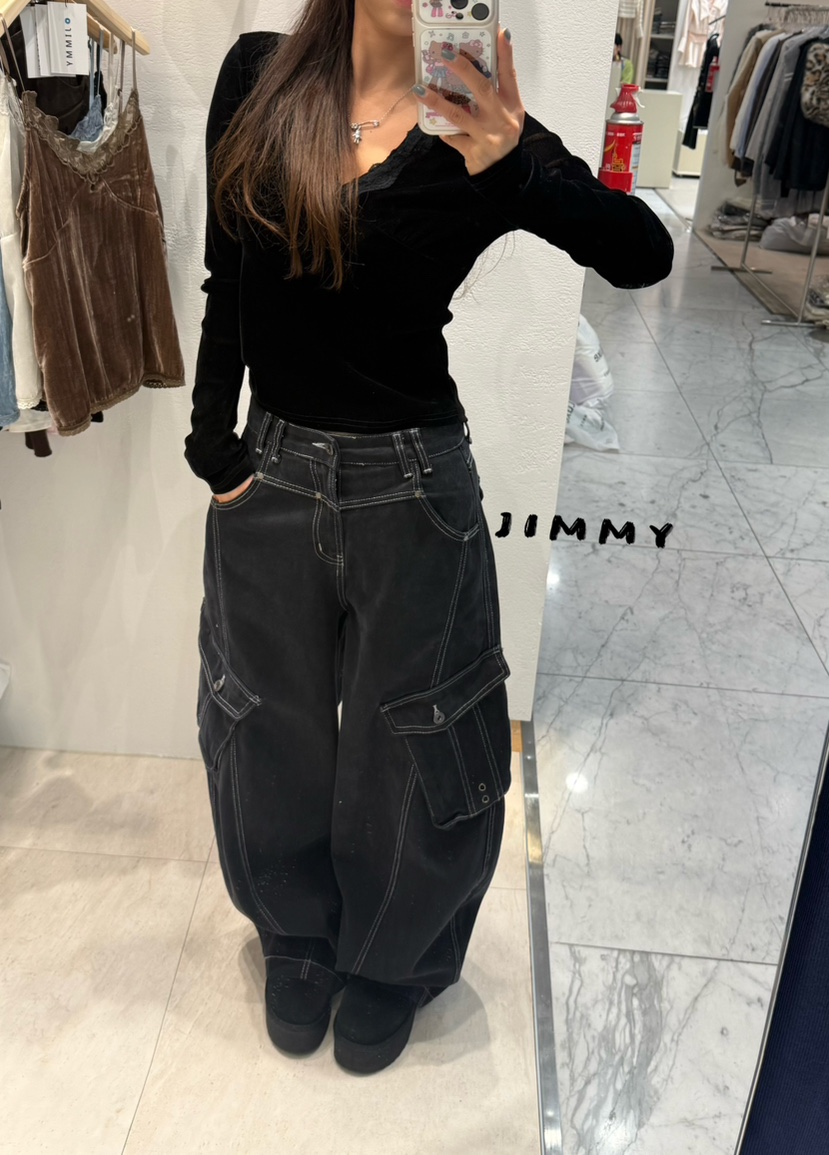 JIMMY東大門直郵女士新款真品人氣推薦休閑長袖T恤褶皺絲絨JIMMY/REMAKE長袖T恤