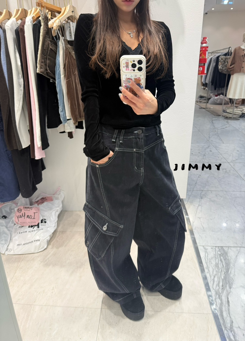 JIMMY東大門直郵女士新款真品人氣推薦休閑長袖T恤褶皺絲絨JIMMY/REMAKE長袖T恤