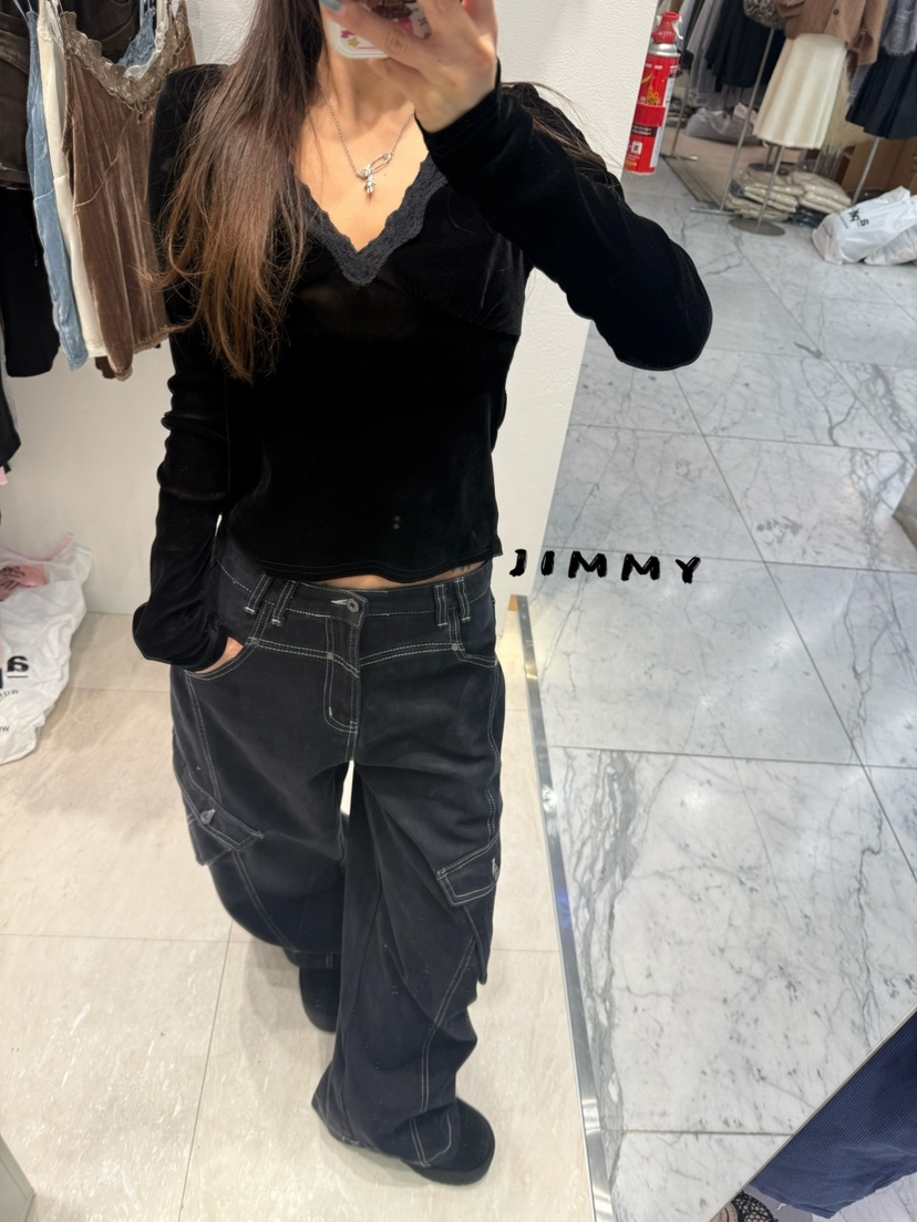 JIMMY東大門直郵女士新款真品人氣推薦休閑長袖T恤褶皺絲絨JIMMY/REMAKE長袖T恤