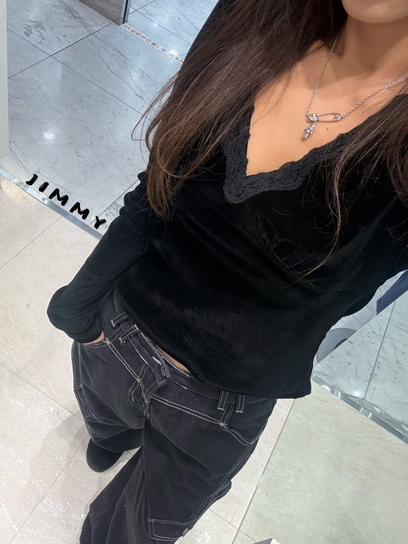 JIMMY東大門直郵女士新款真品人氣推薦休閑長袖T恤褶皺絲絨JIMMY/REMAKE長袖T恤