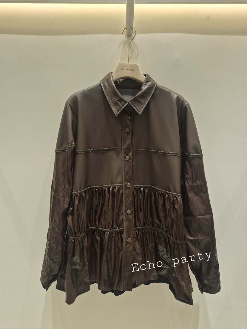ECHOPARTY韓國直郵女裝新款人氣真品休閑推薦夾克皮革褶邊Echo party夾克圖色1