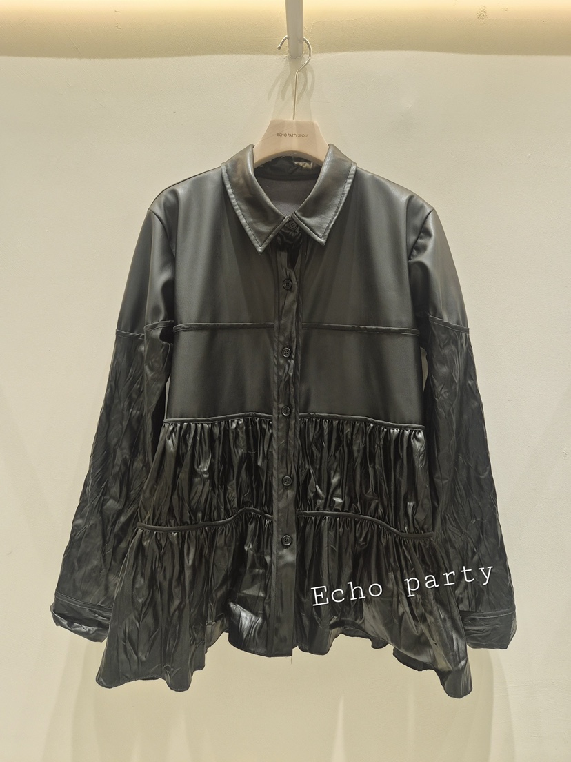 ECHOPARTY韓國直郵女裝新款人氣真品休閑推薦夾克皮革褶邊Echo party夾克圖色2
