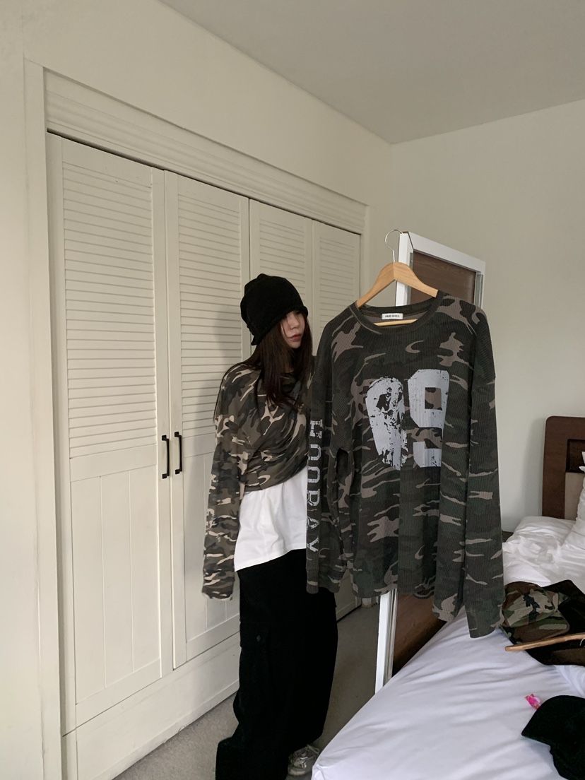 OKIE韓國直郵女士新品時尚真品推薦休閑人氣熱賣長袖T恤迷彩OKIE長袖T恤