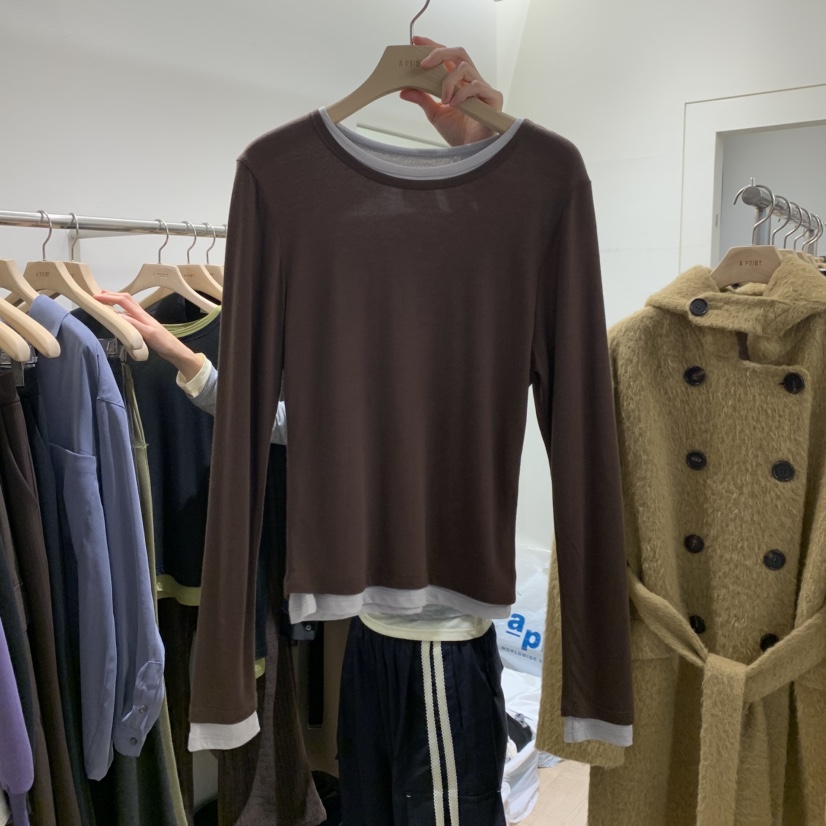 A POINT韓國直郵女士新品真品休閑時尚熱賣長袖T恤假兩件A POINT長袖T恤圖色2